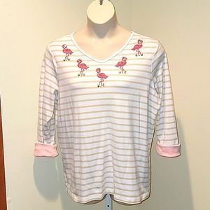 QUACKER FACTORY 3/4 LENGTH TOP WITH PINK SEQUIN FLAMINGOS